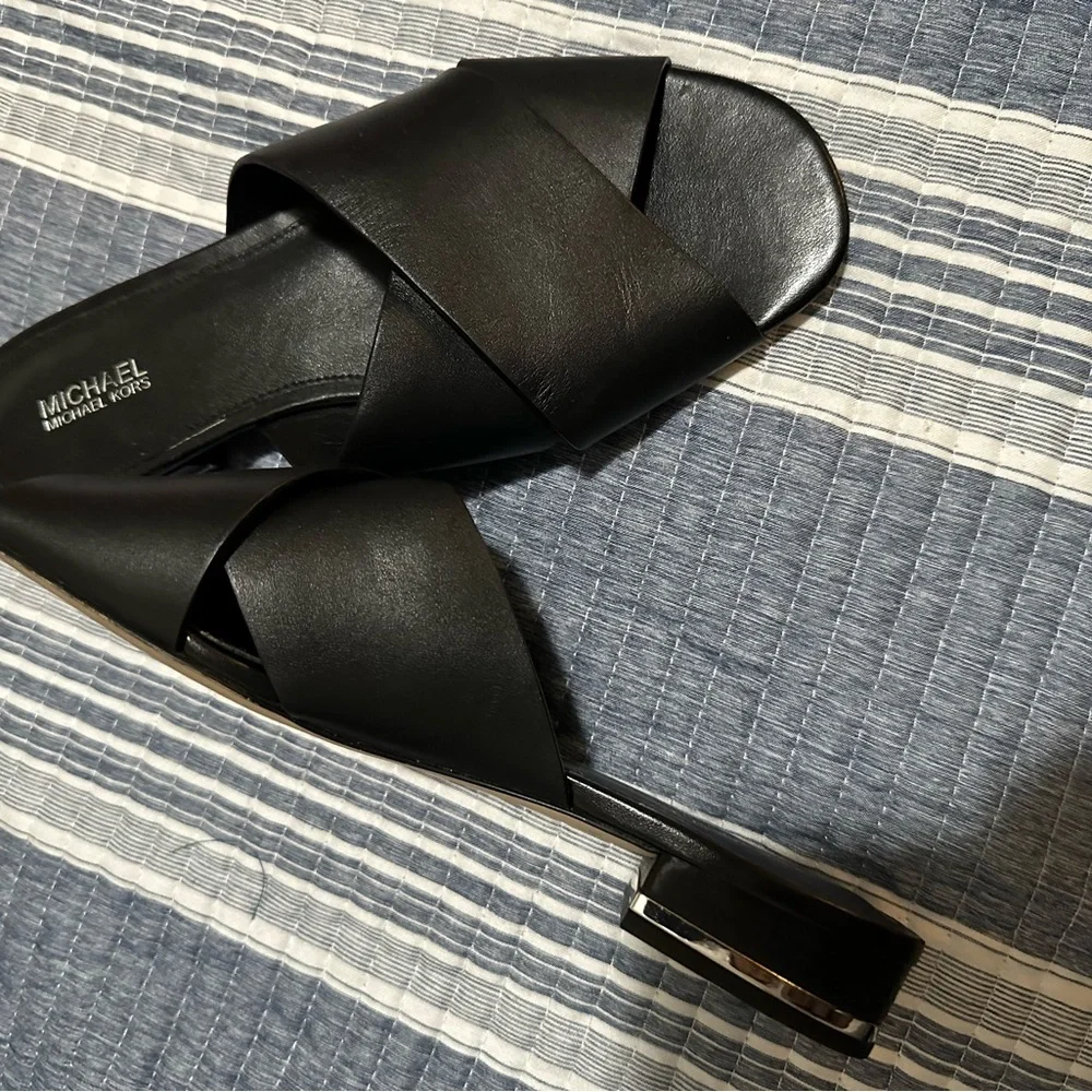 MICHAEL Michael Kors Black Leather Crisscross Slide Mules
